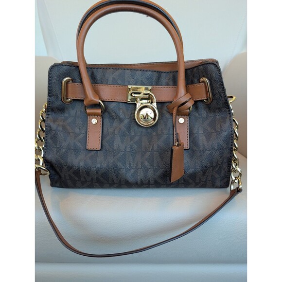 Michael Kors MK Belt Lock Tote Chain Strap Shoulder Handbag Purse Brown - Picture 1 of 16